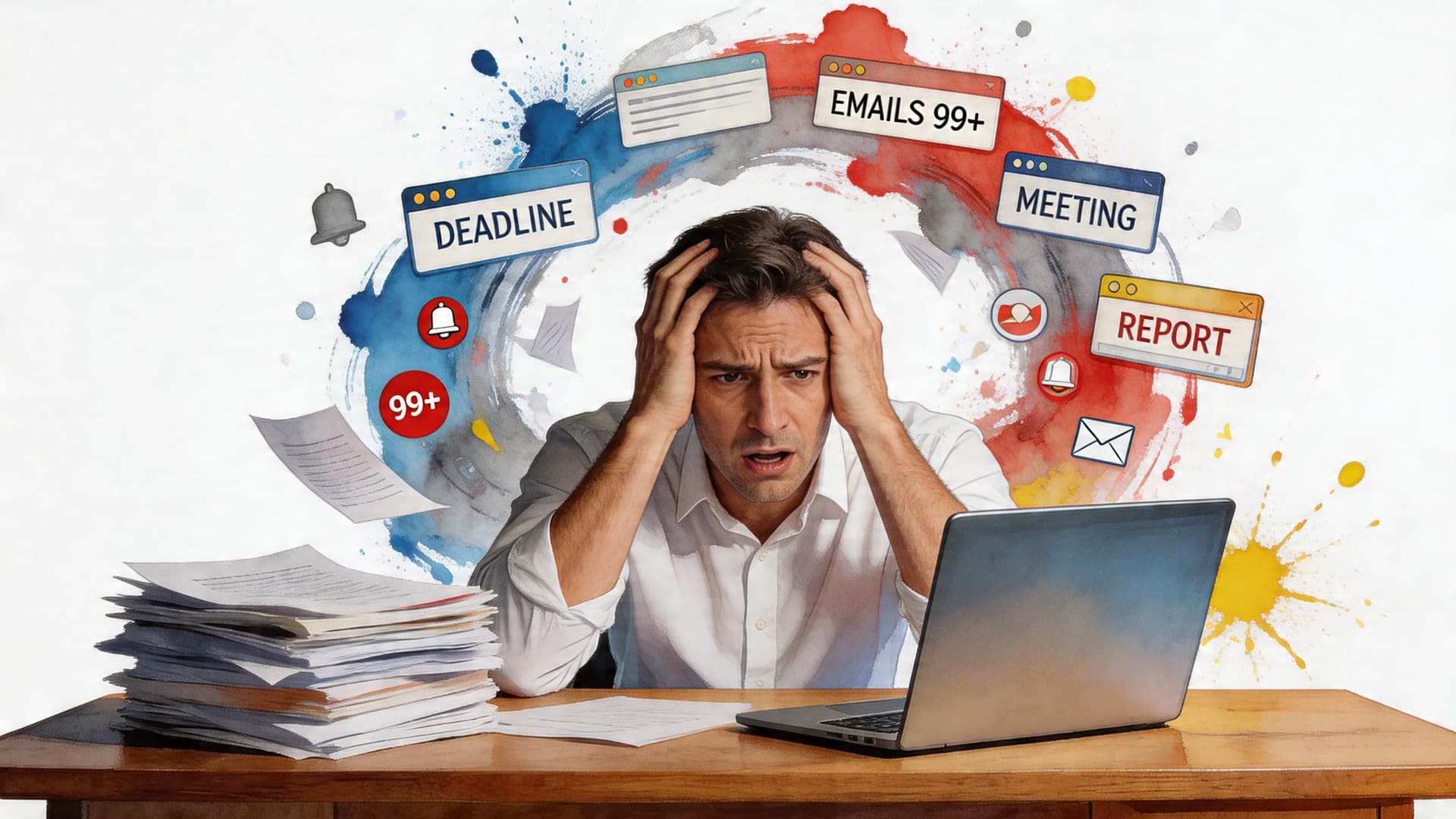 A stressed man overwhelmed by work, sitting at a desk with a laptop and a pile of papers.