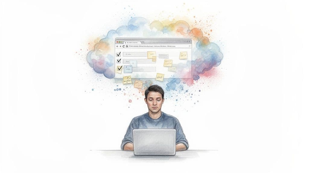 Watercolor illustration of a man brainstorming ideas with a laptop, browser window, and sticky notes in a thought cloud.