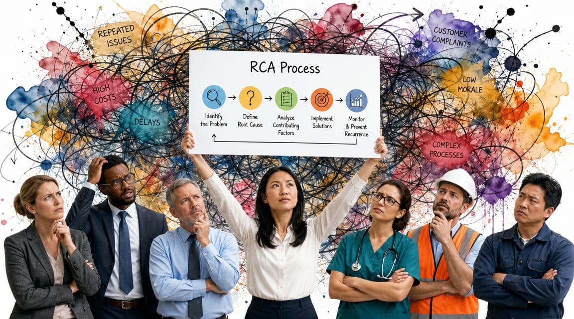 A diverse group of professionals looking up at a sign illustrating the five steps of the RCA process.