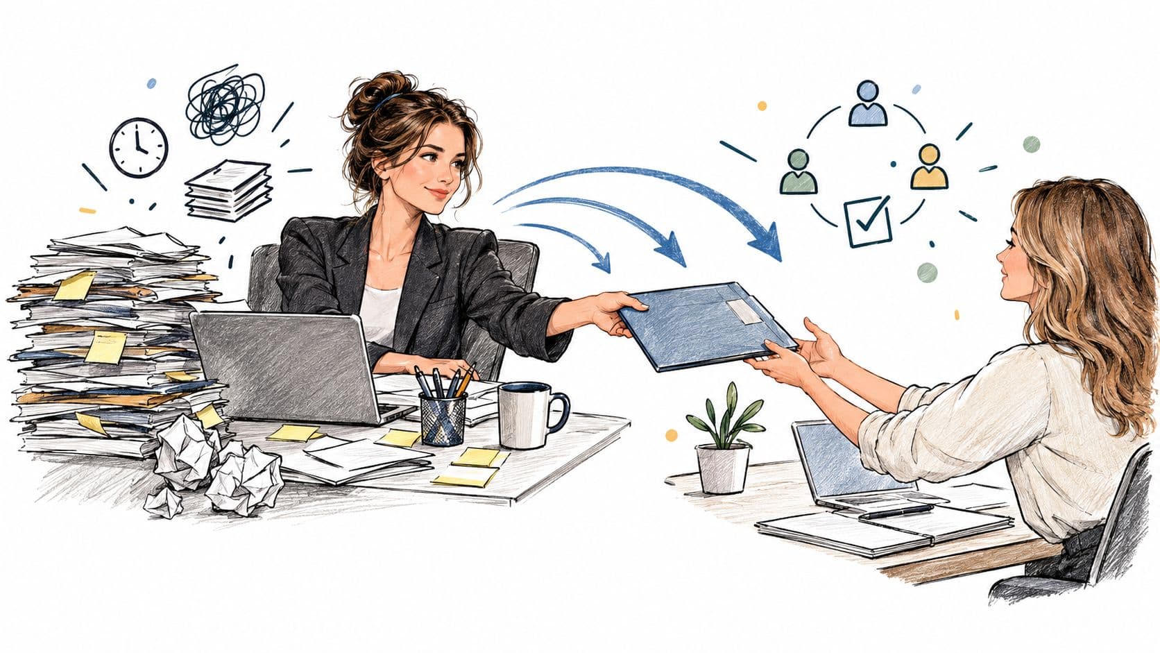 A woman handing a document folder to another, representing collaboration and task delegation in an office.