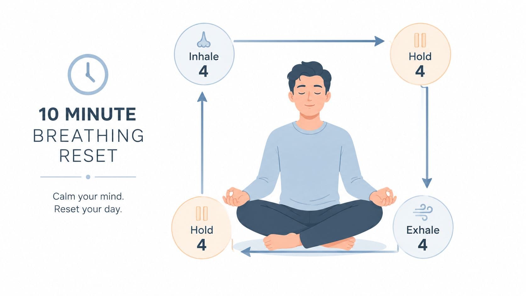 A man in a meditative pose illustrating the box breathing technique with four-second intervals for each step.