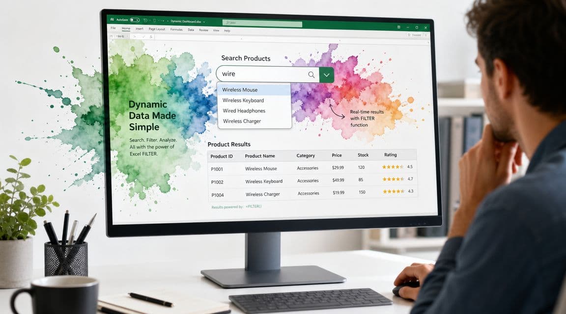 A person viewing an Excel spreadsheet on a computer monitor showing a dynamic search product dashboard.