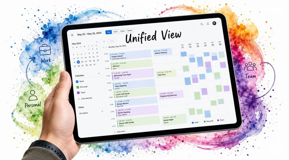 A hand holds a digital tablet displaying a unified Google Calendar view merging personal, work, and team schedules.