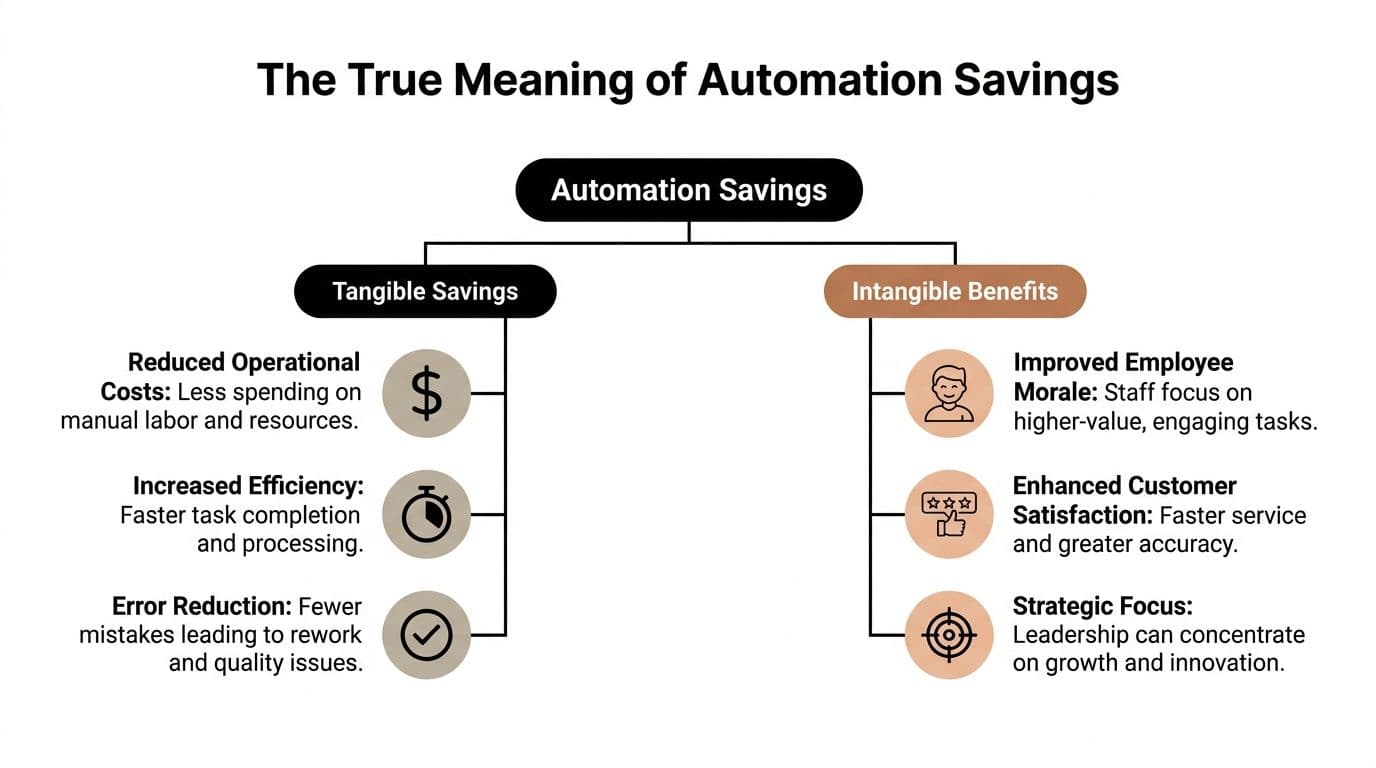 A diagram illustrating the distinction between tangible savings and intangible benefits of business automation for companies.