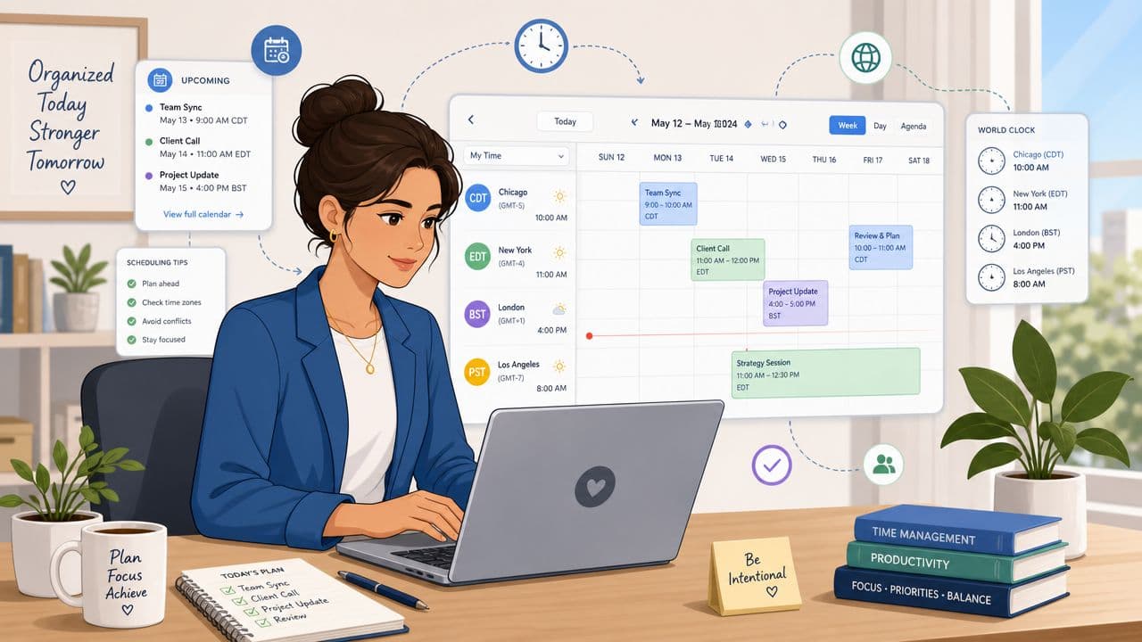 A professional woman working on a laptop at a desk with an organized calendar showing time zones.