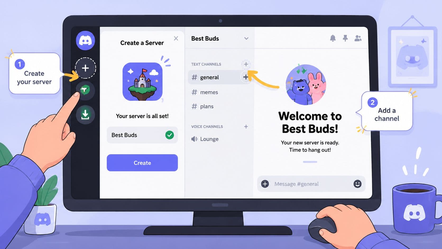 A hand pointing to the create server button on a Discord interface on a desktop screen.