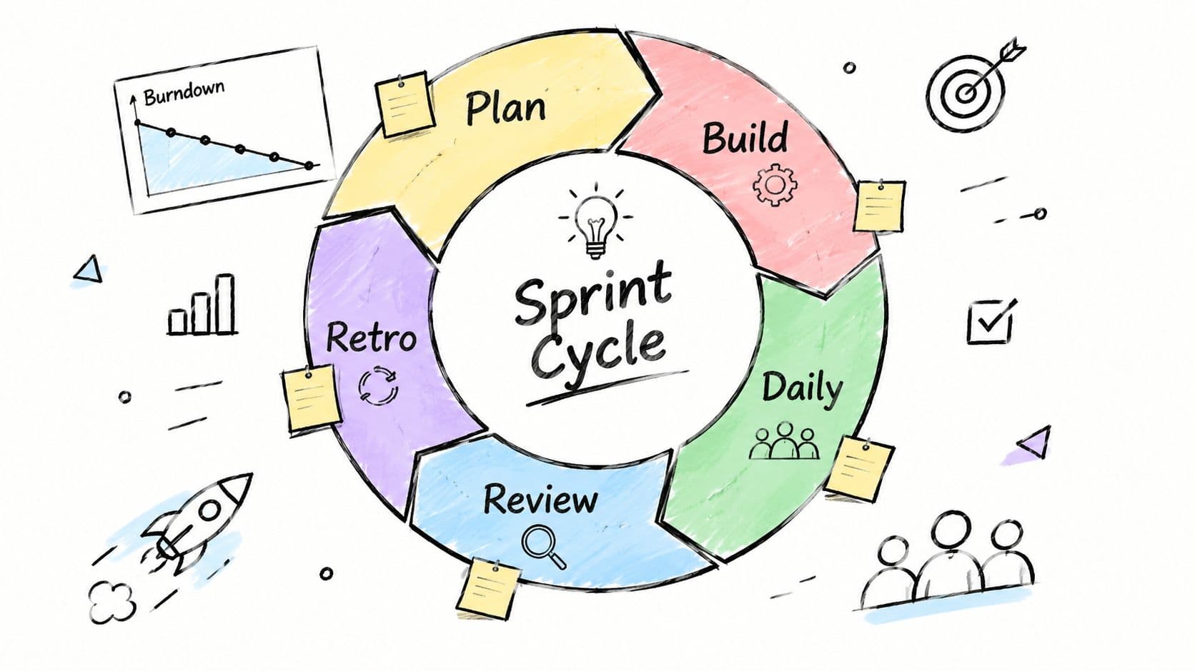 A hand-drawn circular diagram illustrating the five key stages of an agile scrum sprint cycle workflow.