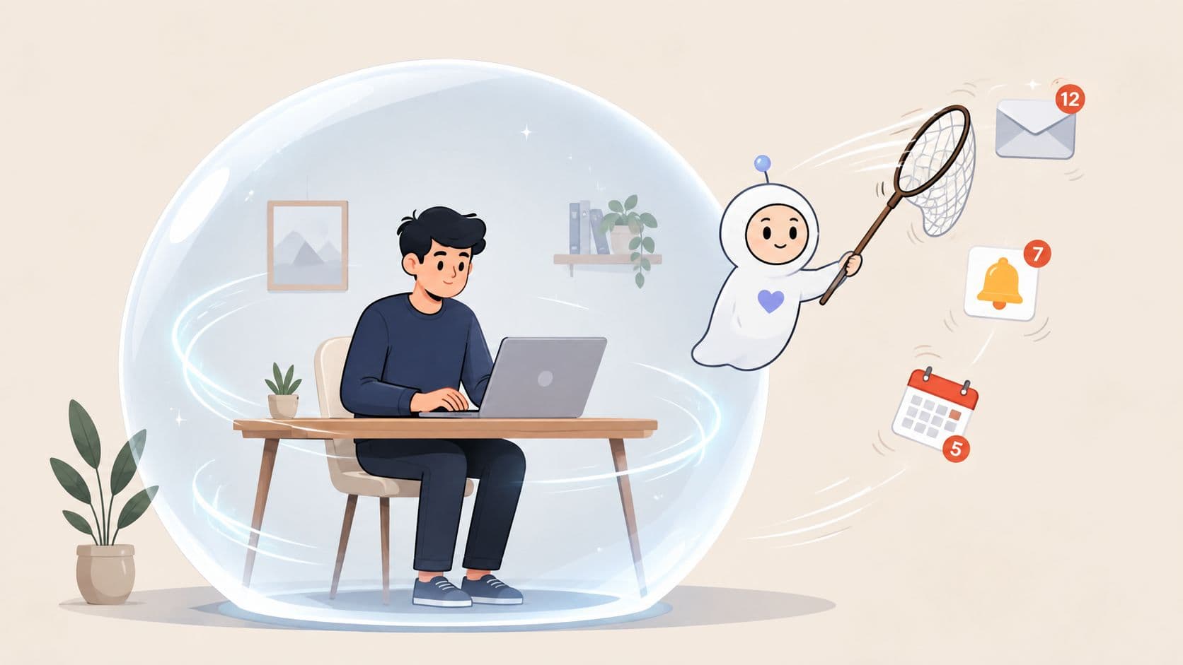 A virtual assistant inside a protective bubble helping a person focus by catching incoming digital notifications.