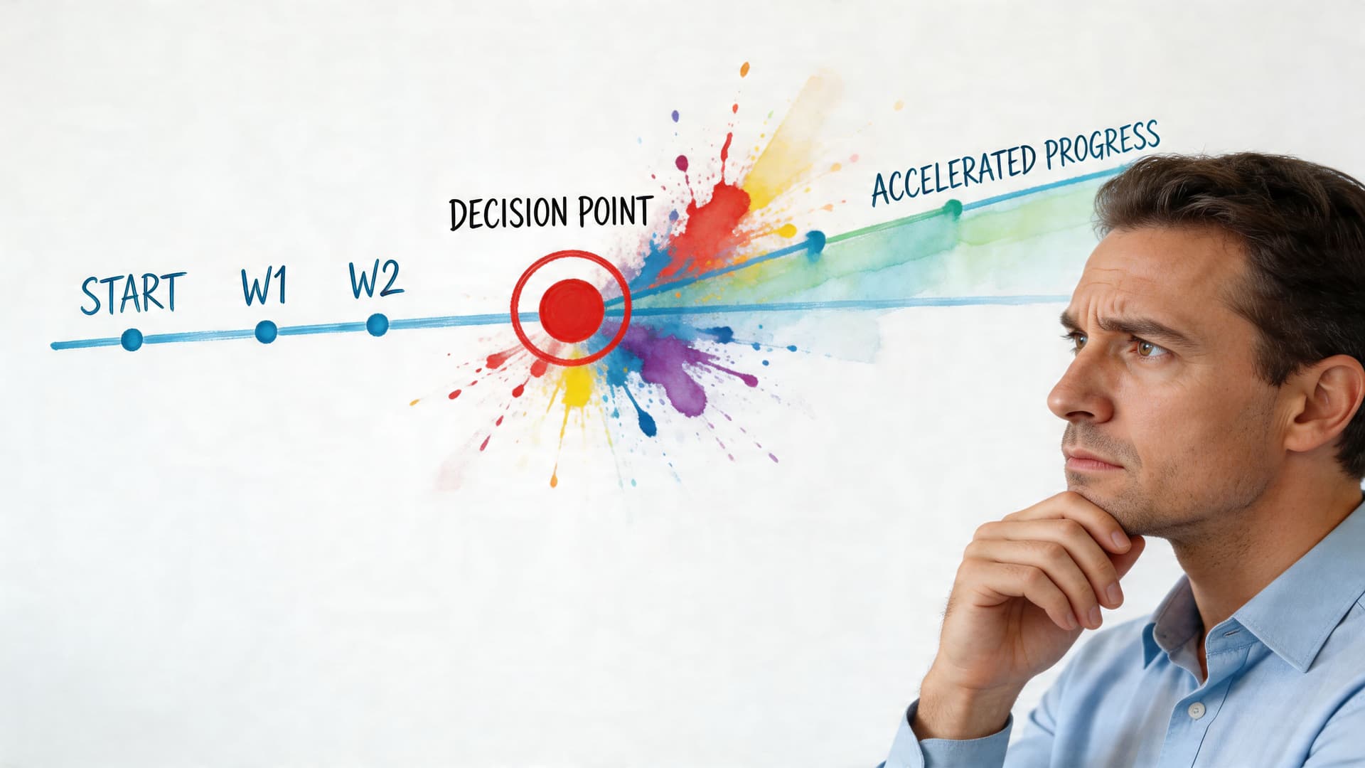 A pensive man looks at a timeline illustration showing a decision point leading toward accelerated project progress.
