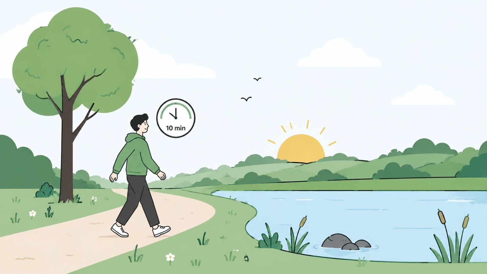 A young man walking along a path by a lake during a relaxing ten minute break.