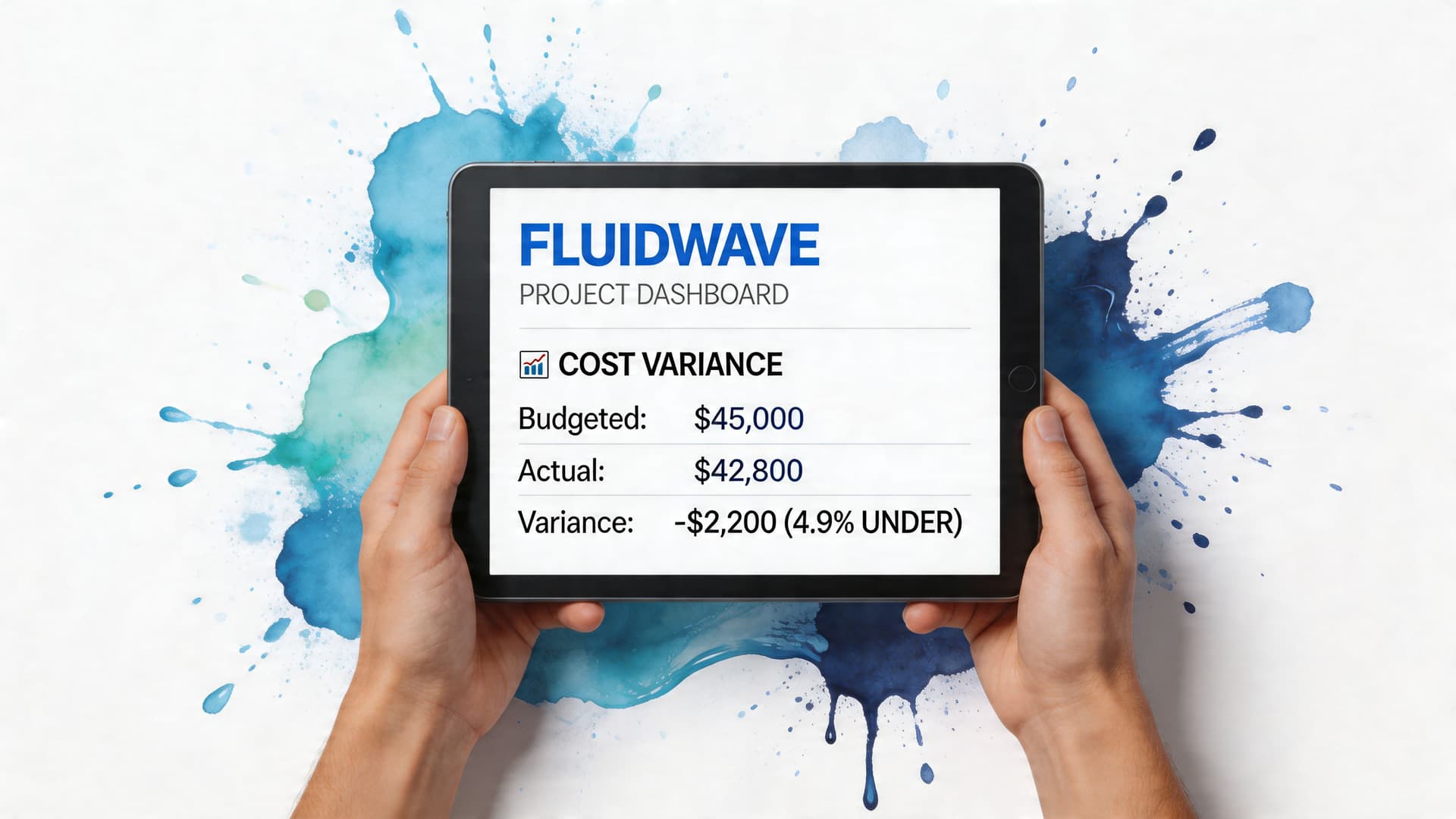 A digital tablet displaying a project dashboard showing cost variance data held in human hands.