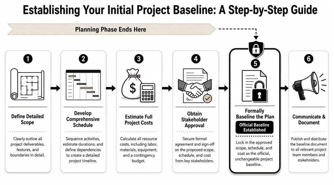 A six-step infographic guide illustrating the process of establishing an official baseline in project management.