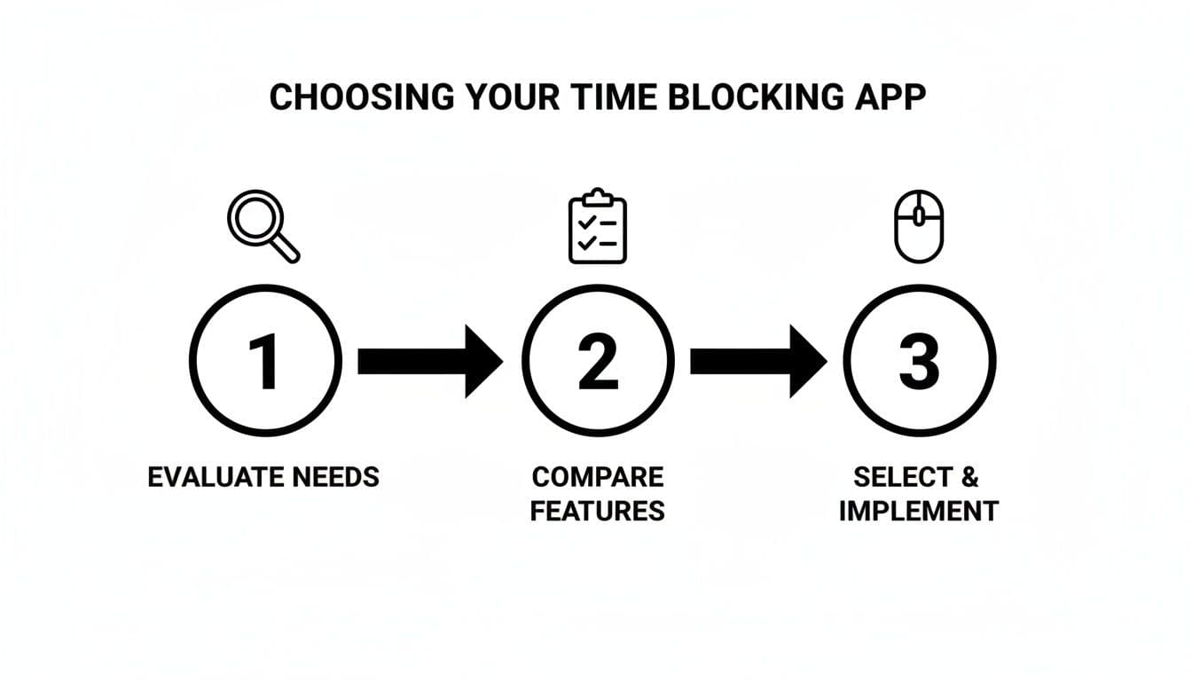 A three-step guide to choosing a time blocking app: evaluate needs, compare features, and select.
