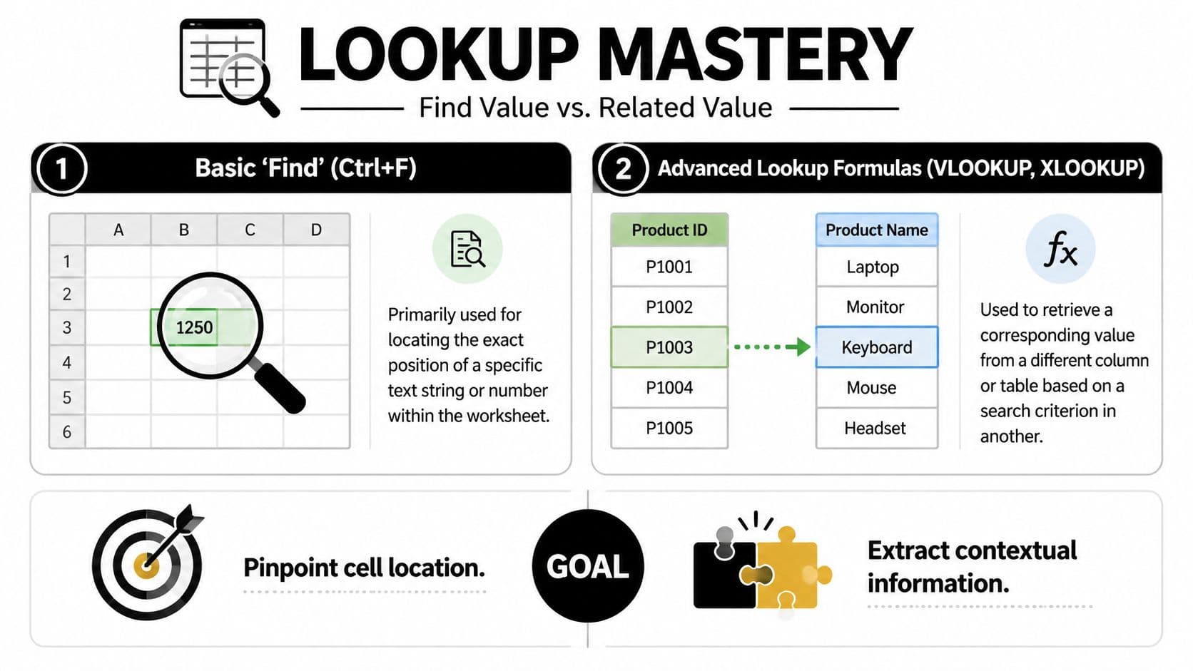 An infographic illustrating the difference between using the find function and advanced lookup formulas in Excel.