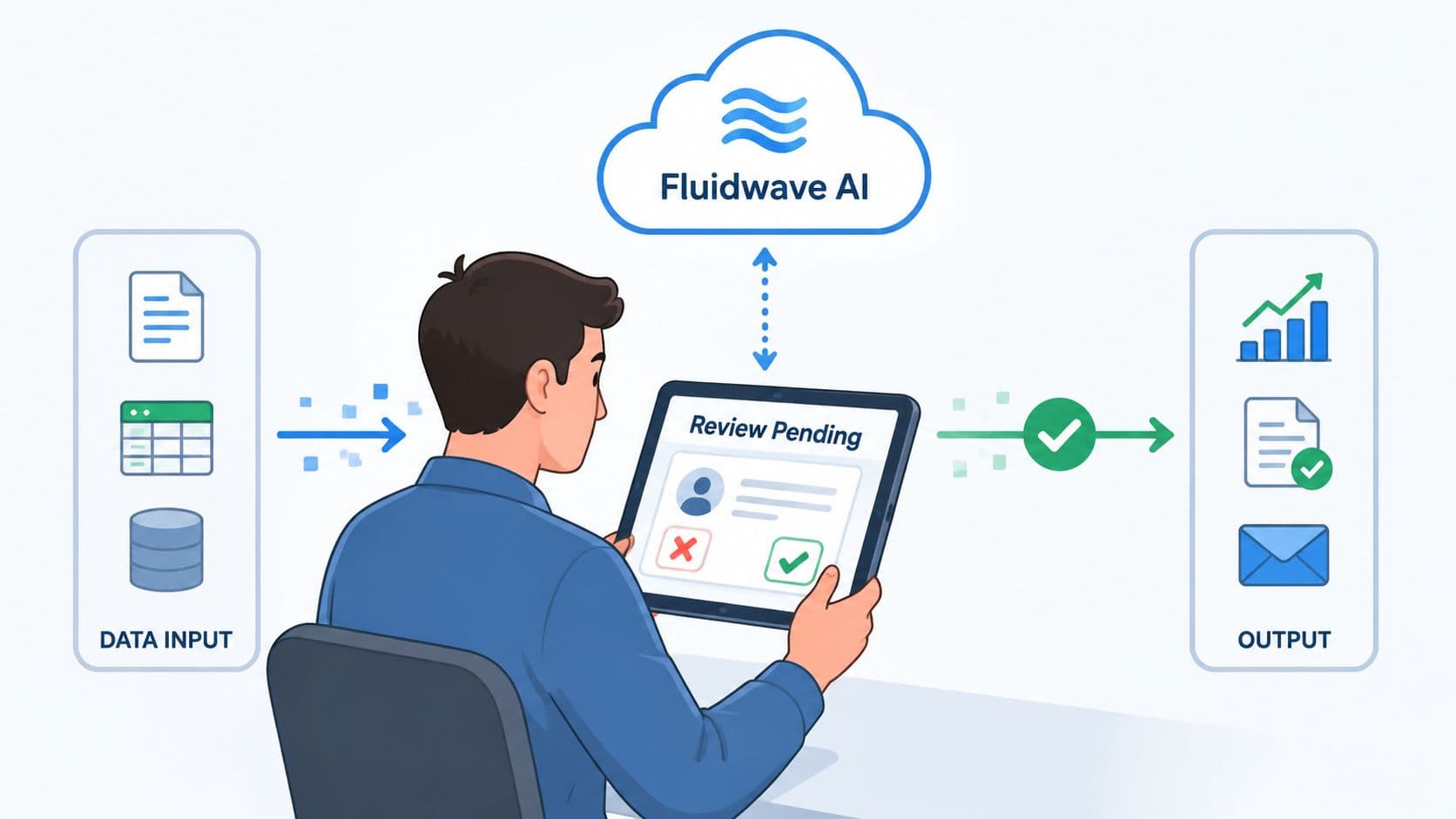 A professional reviewing automated data tasks on a tablet integrated with Fluidwave AI technology solutions.
