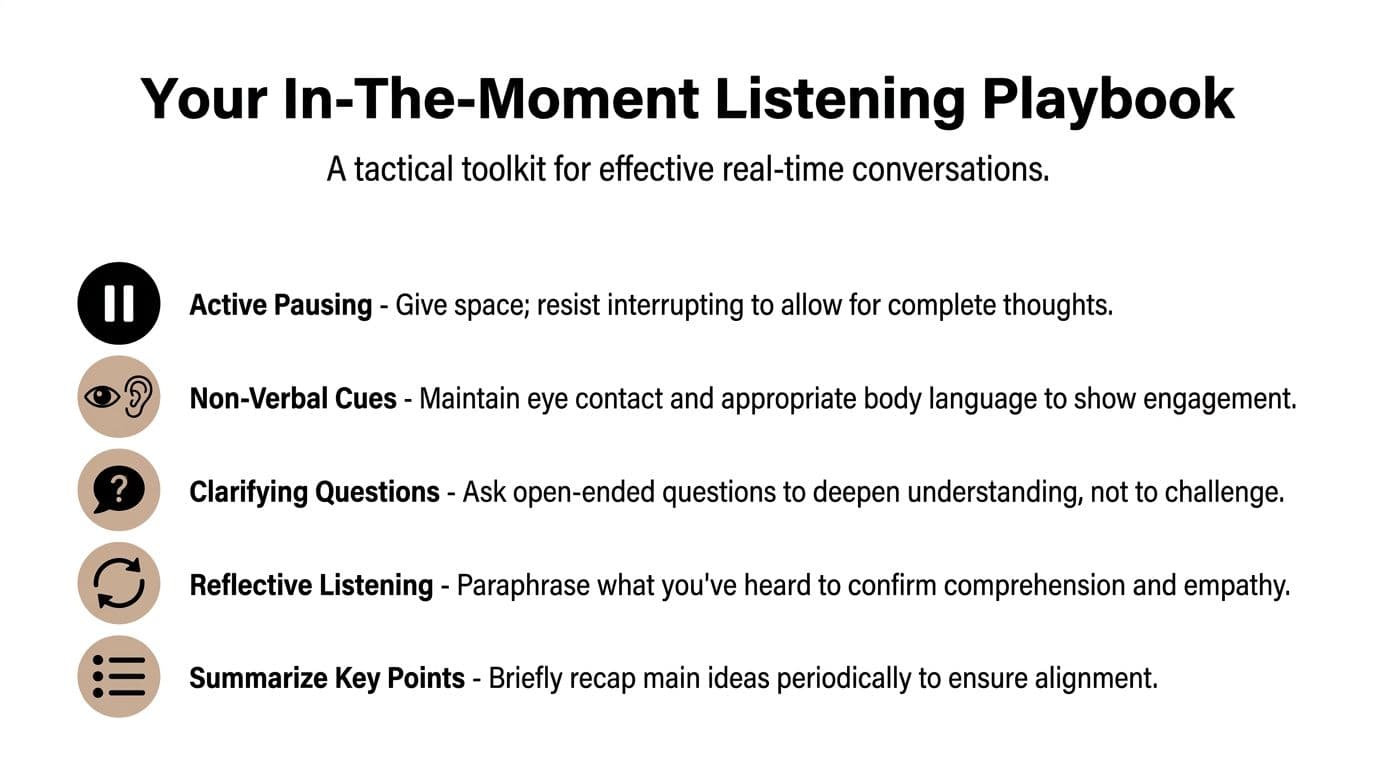 A list of five essential techniques for effective listening during real-time conversations including pausing and reflecting.