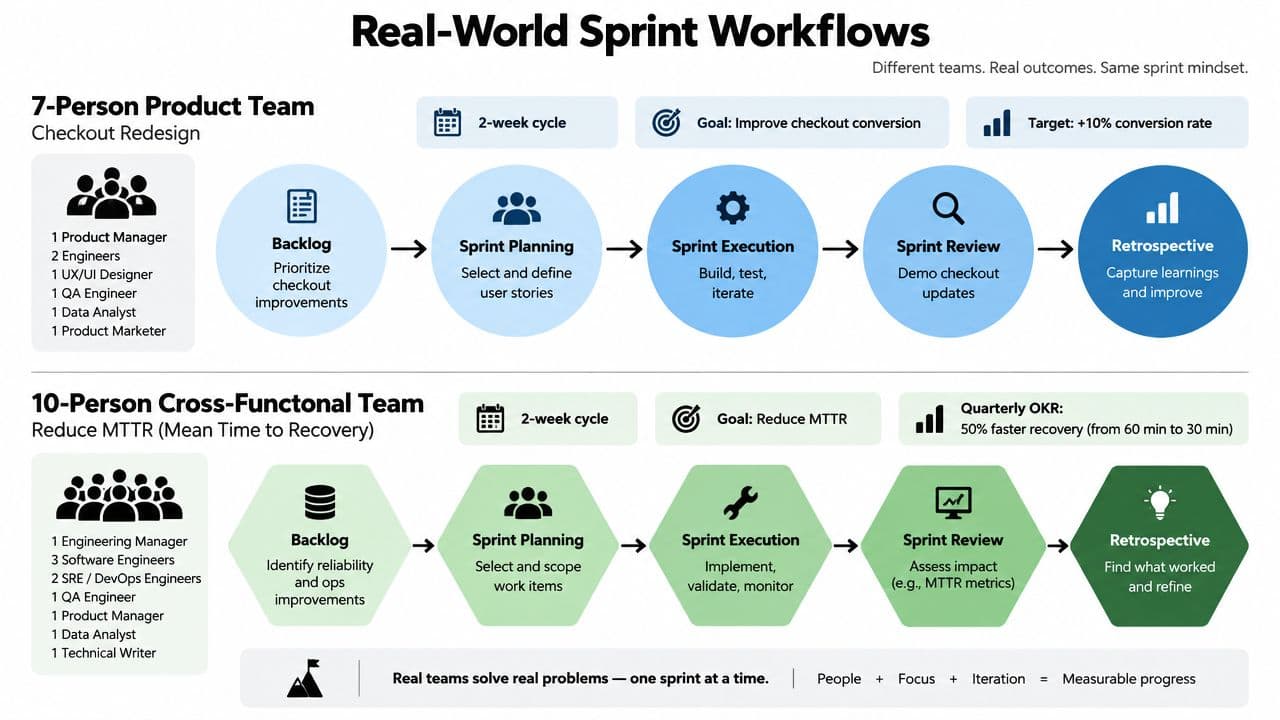 A diagram comparing two distinct sprint workflow examples for a product team and a cross-functional team.