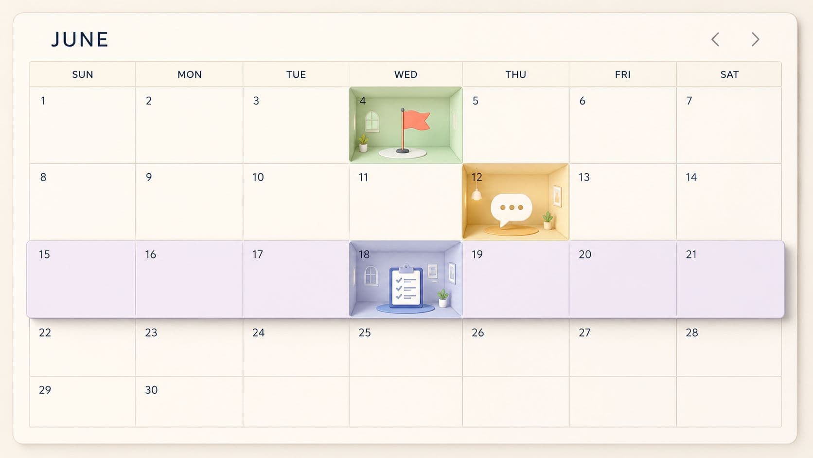 A 3D calendar for the month of June highlighting specific dates with illustrative icons for project management.