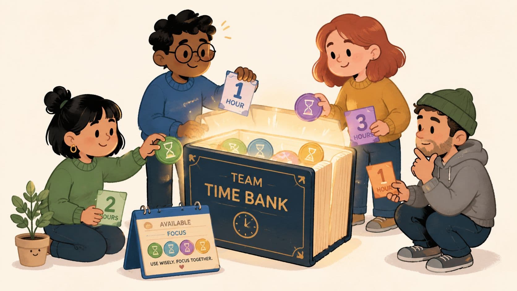 A diverse group of four people collaborating around a Team Time Bank treasure chest with clock icons.