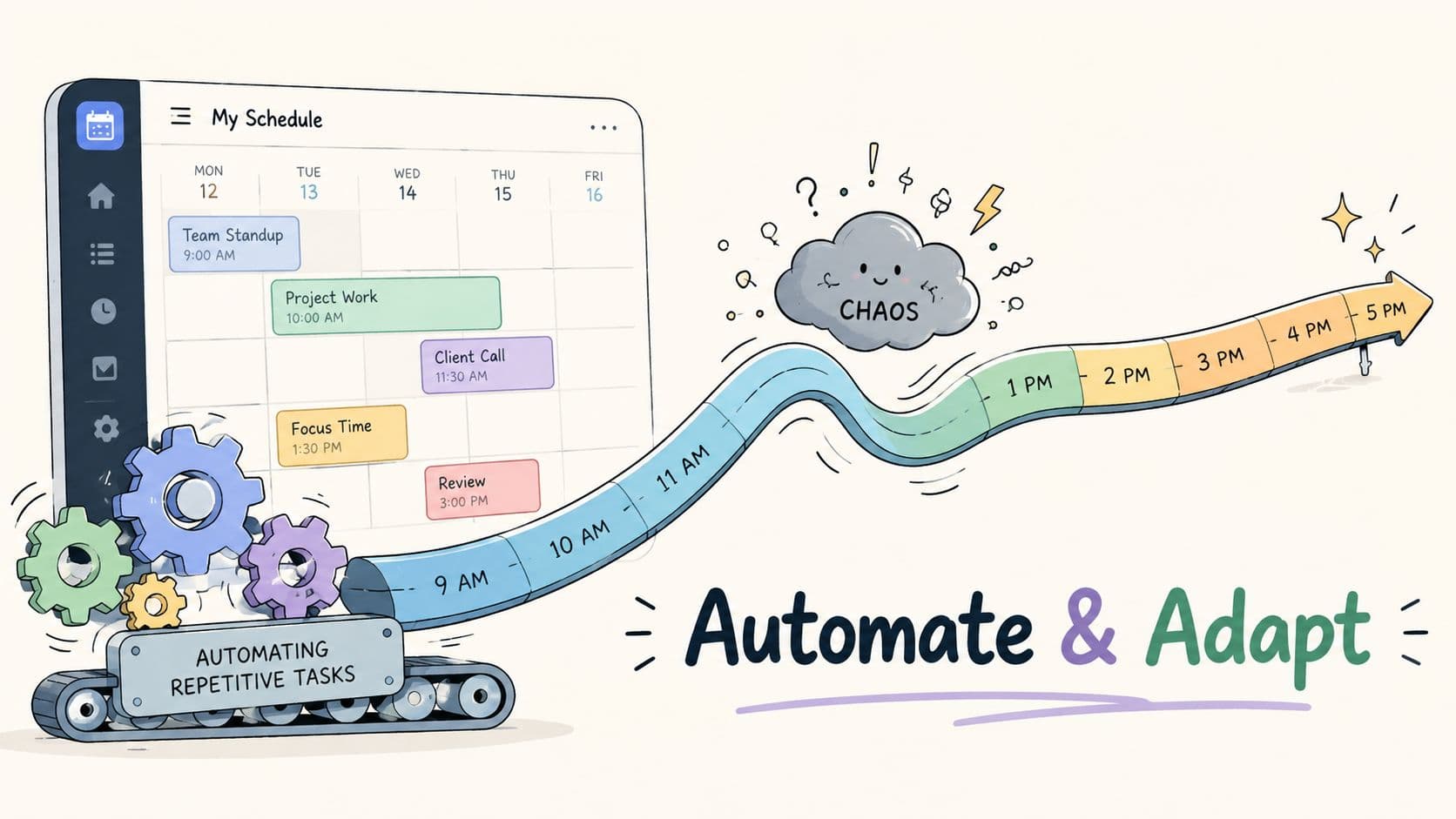 A digital calendar schedule moving from organized tasks to a chaotic timeline being managed by an automated machine.