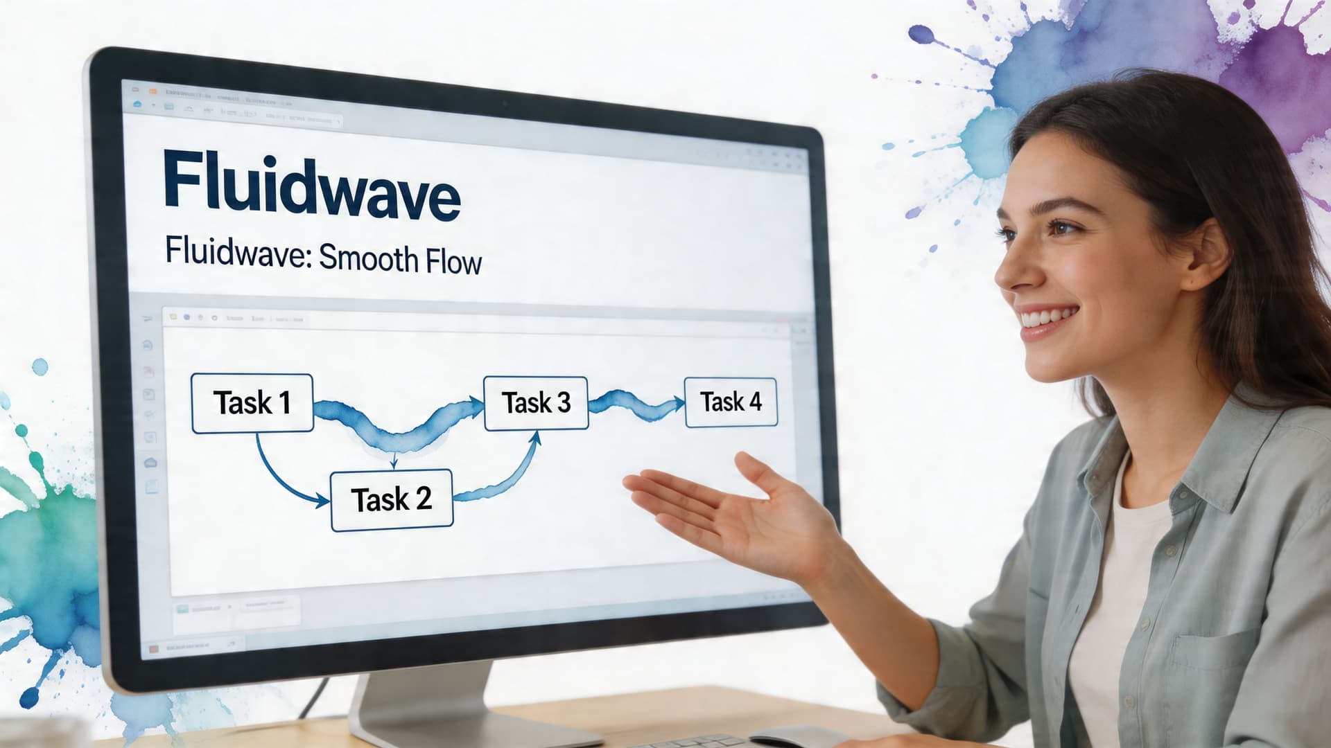 A smiling woman presenting a workflow diagram titled Fluidwave on a computer screen in a bright office.