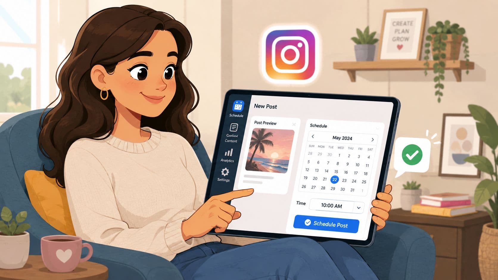 A woman holding a tablet while scheduling an Instagram post for May 2024 in a cozy room.