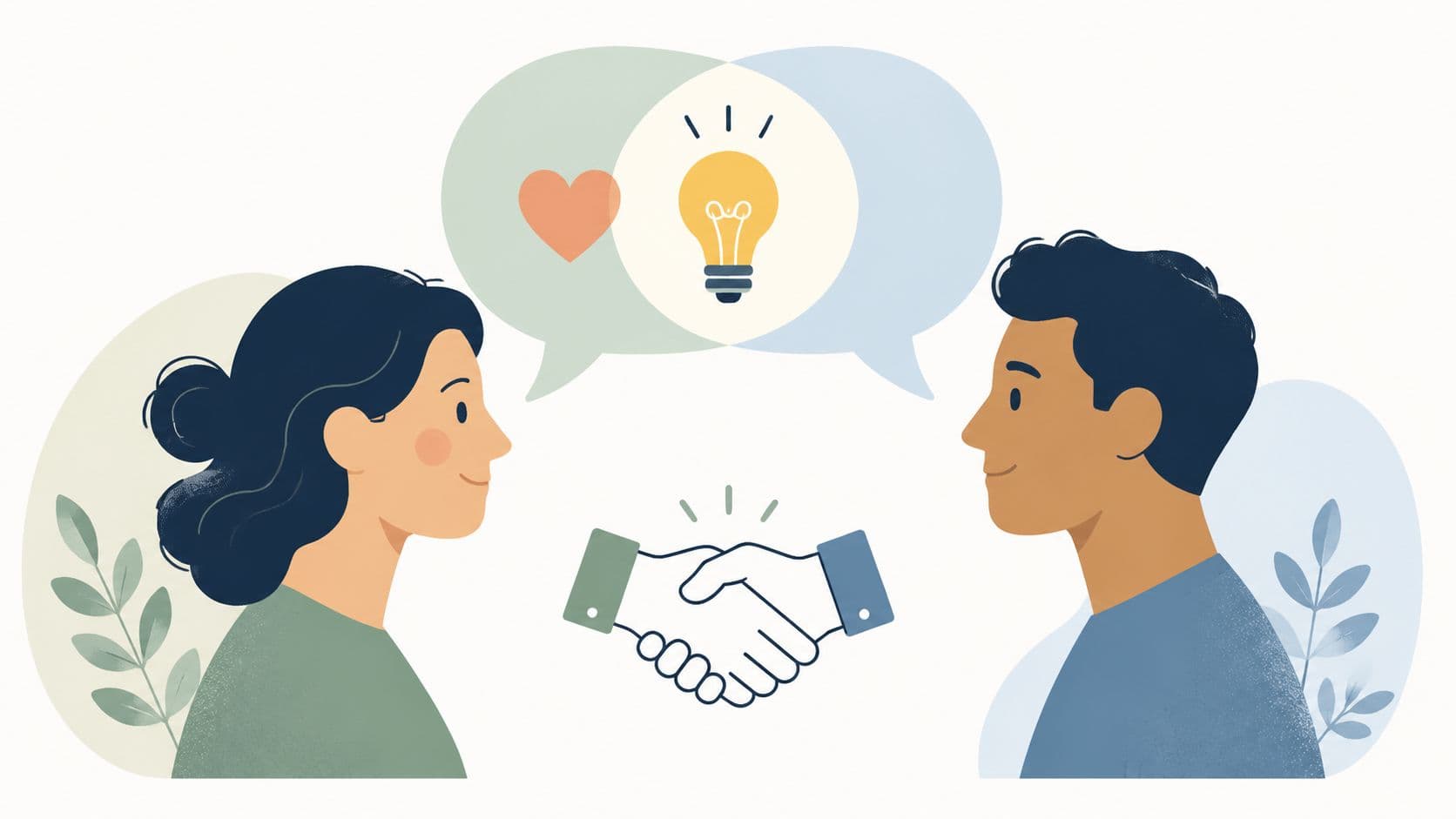 A man and woman shaking hands with a heart and lightbulb icon in a speech bubble overhead.