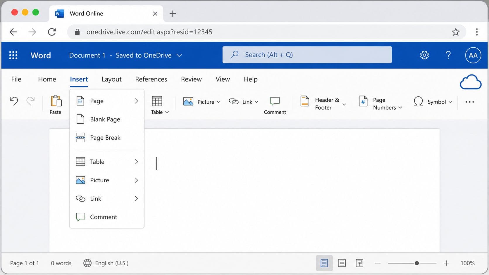 A screenshot of the Microsoft Word Online interface showing the Insert menu with page options expanded.