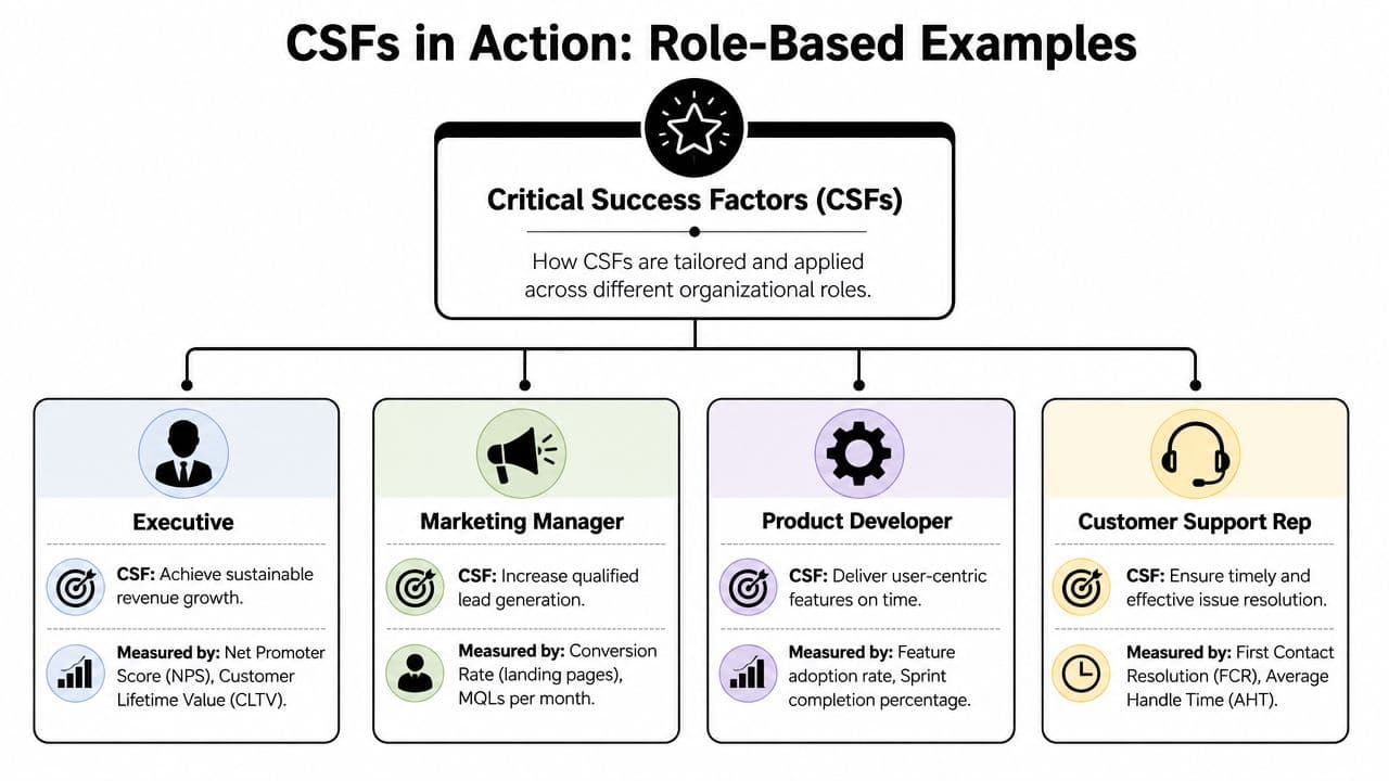 A diagram illustrating Critical Success Factors and their measurement metrics across four different professional organizational roles.