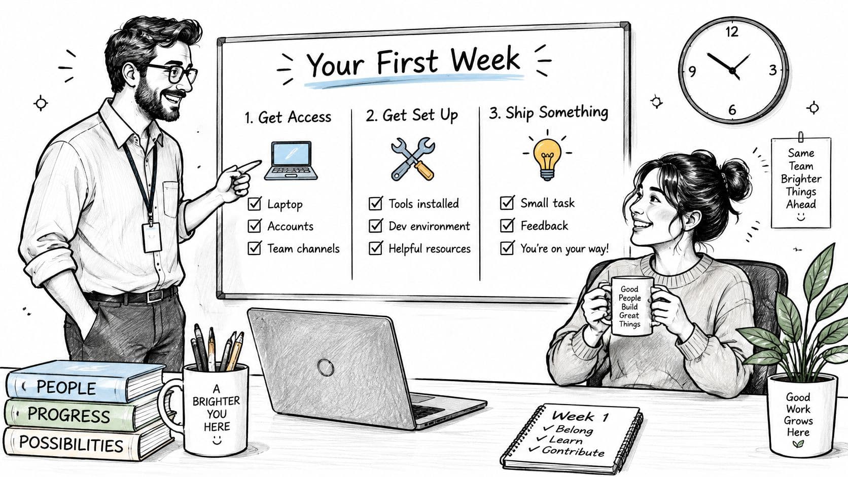 A professional man and woman discussing a new team member onboarding checklist on a whiteboard in an office.