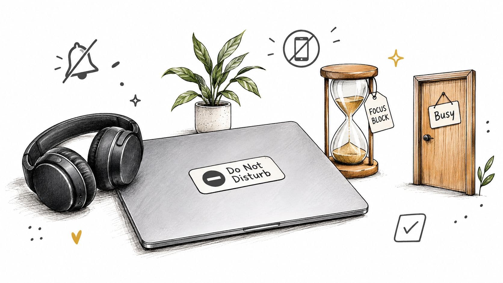 A minimalist desk setup with a laptop, headphones, hourglass, and 'Do Not Disturb' sign, symbolizing deep work.