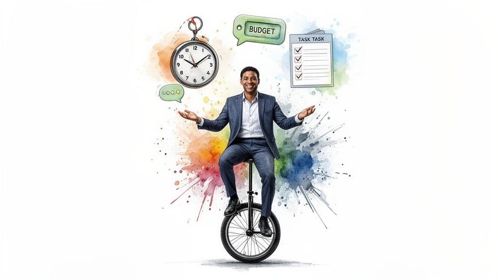 A man on a unicycle juggling illustrated elements of project management: time, budget, and tasks.