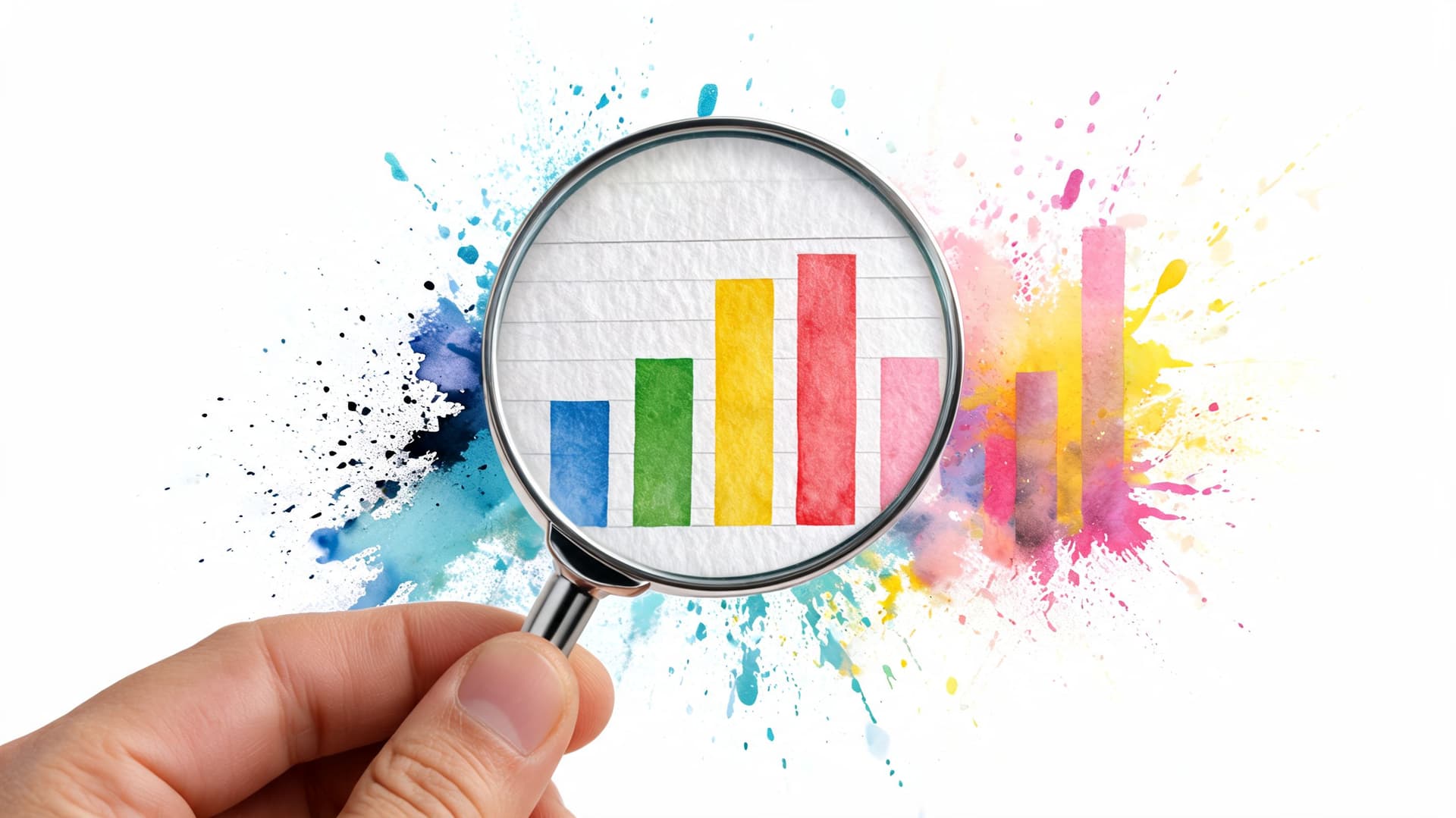 A hand holding a magnifying glass over a colorful bar chart illustration on a white background.