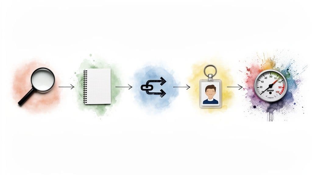 Diagram illustrating a workflow or process with five key stages: search, plan, connect, identify, measure.
