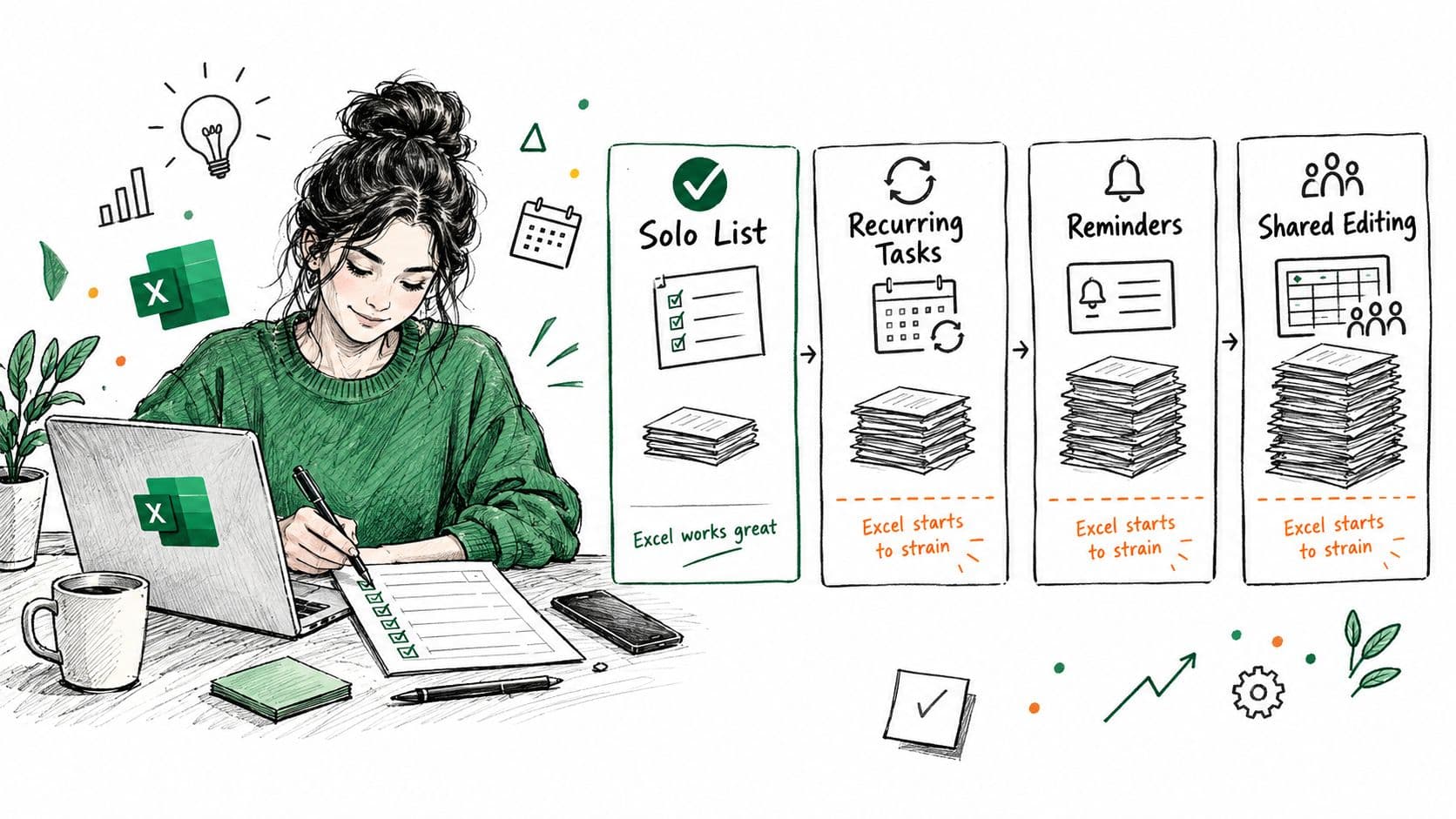 A hand-drawn illustration showing a person using Excel for task management, highlighting its limitations for complex workflows.