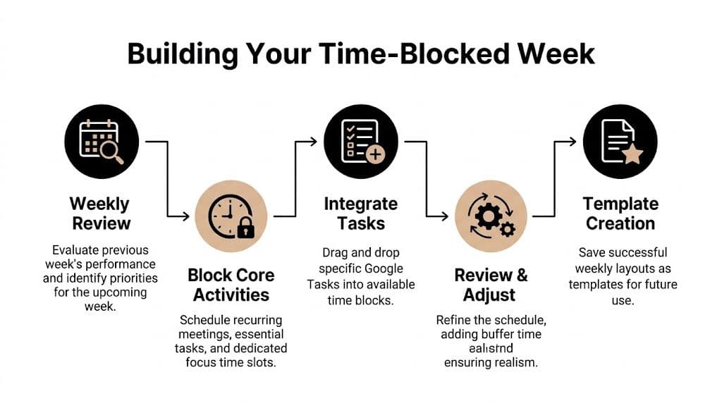 A process flow chart illustrating the five steps for building a successful time-blocked weekly schedule.