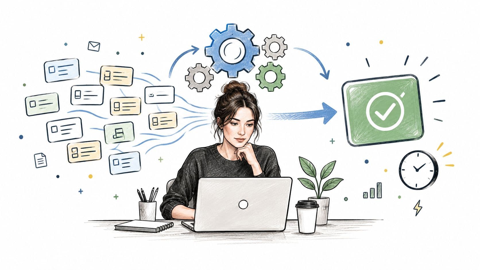 A professional woman working on a laptop, processing tasks and achieving goals in a productive workspace.