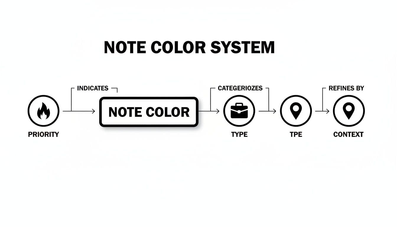 Flowchart illustrating a note color system for prioritizing, categorizing, and refining notes.