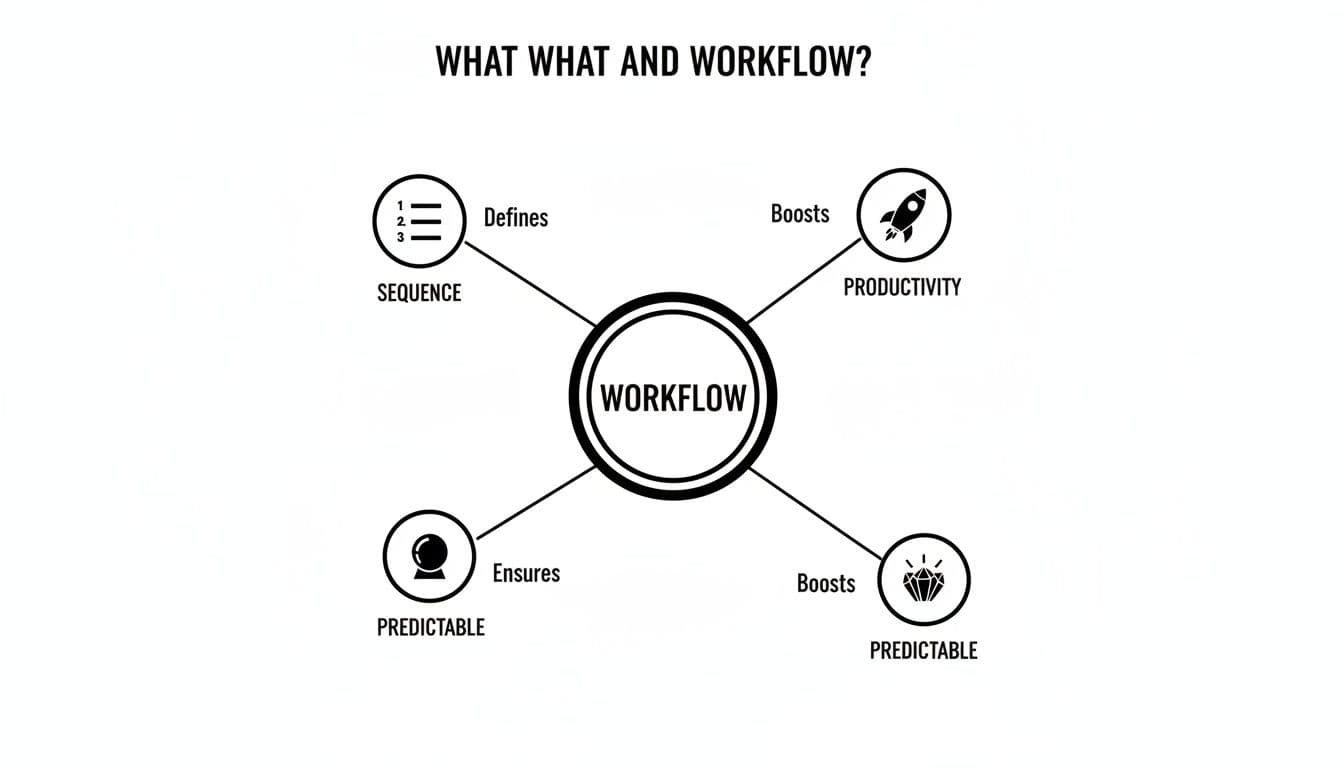 A diagram illustrating the definition and benefits of a workflow, highlighting sequence, productivity, and predictability.