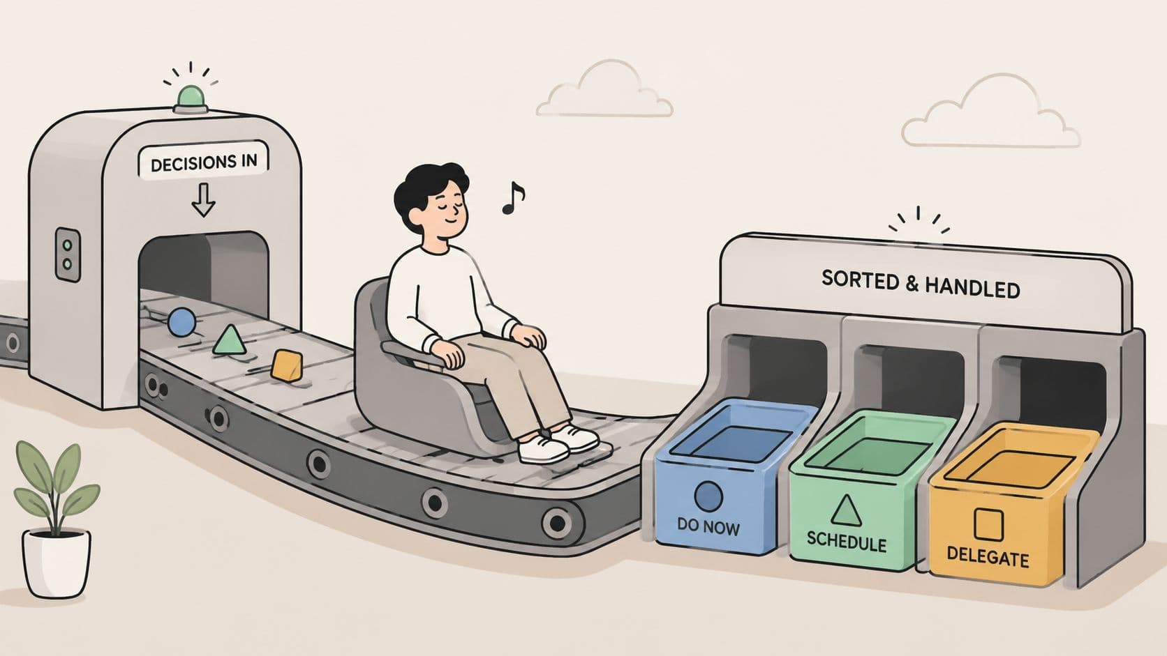 A person sitting calmly on a conveyor belt as decision shapes are sorted into organized bins.