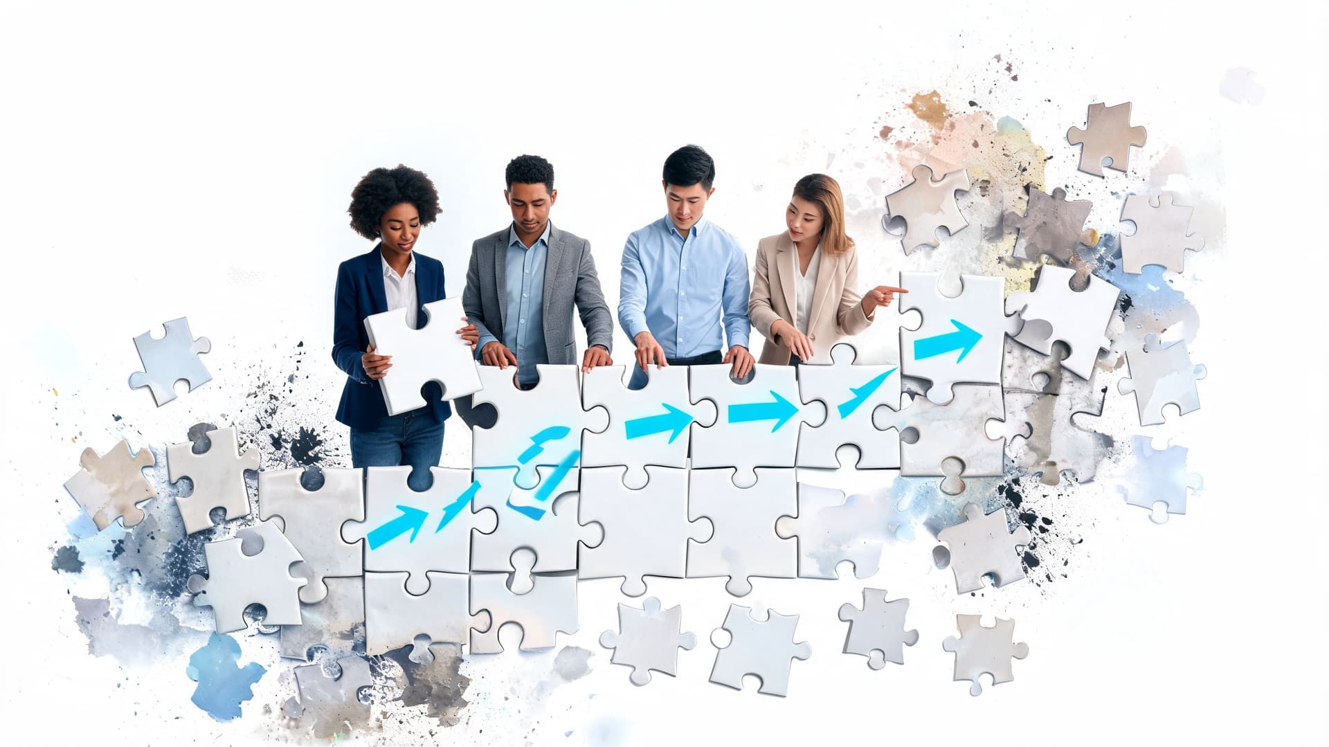 A diverse business team collaborating to assemble a giant jigsaw puzzle representing project success and growth.