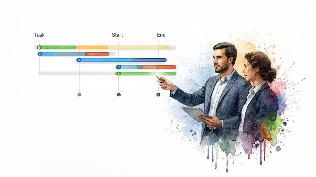 Two business professionals analyze a colorful Gantt chart for project management, featuring watercolor art.